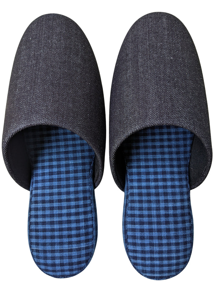 Denim Blue Checkered Plaid Mix Slippers [Black wool felt sole] 2 size Large / XL - Heiwa Slipper