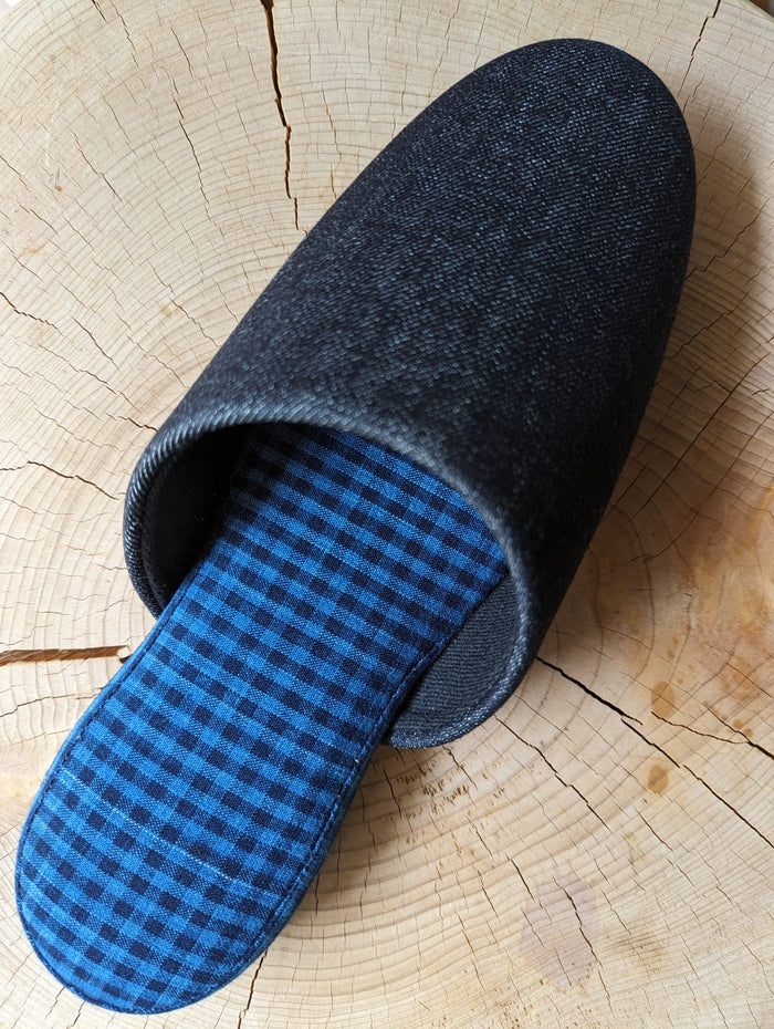 Denim Blue Checkered Plaid Mix Slippers [Black wool felt sole] 2 size Large / XL - Heiwa Slipper