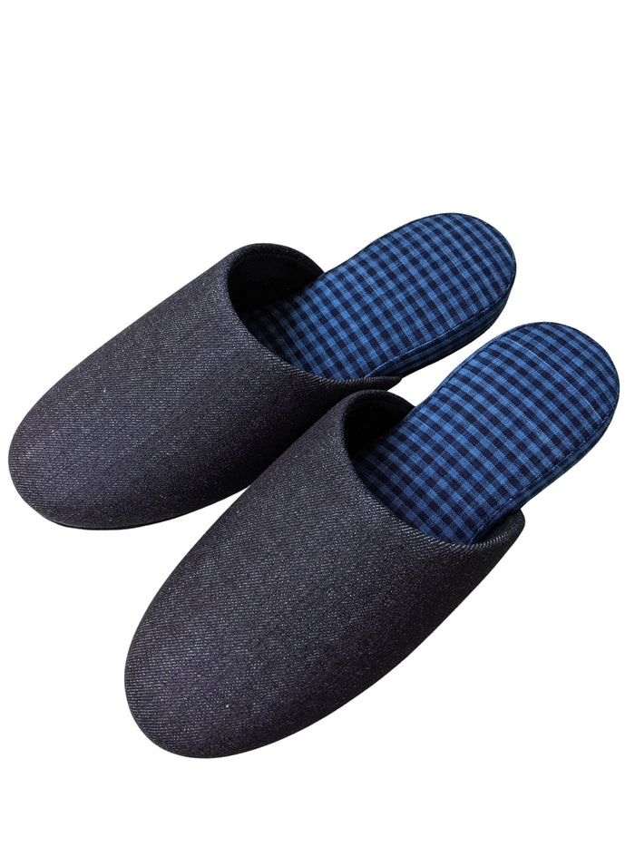 Denim Blue Checkered Plaid Mix Slippers [Black wool felt sole] 2 size Large / XL - Heiwa Slipper