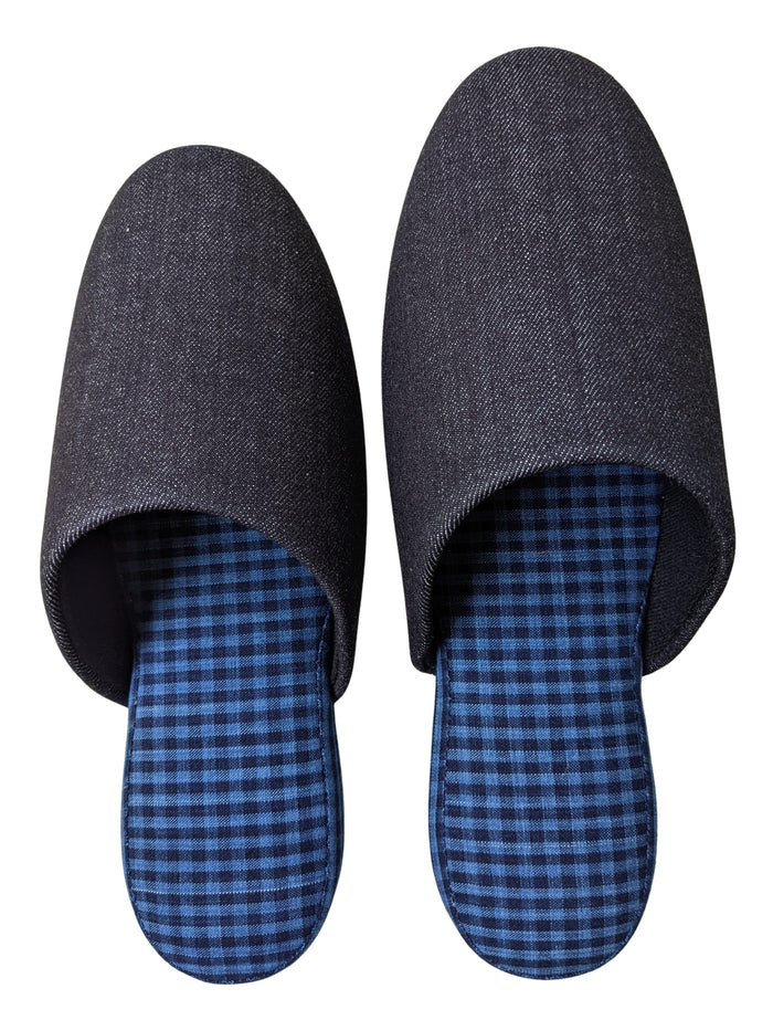 Denim Blue Checkered Plaid Mix Slippers [Black wool felt sole] 2 size Large / XL - Heiwa Slipper