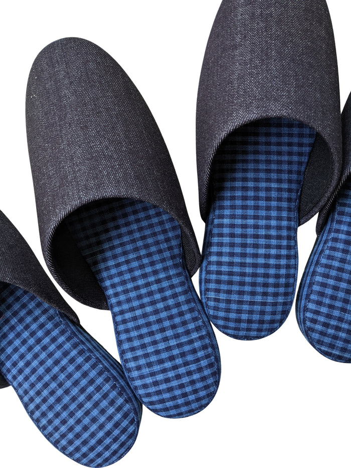 Denim Blue Checkered Plaid Mix Slippers [Black wool felt sole] 2 size Large / XL - Heiwa Slipper