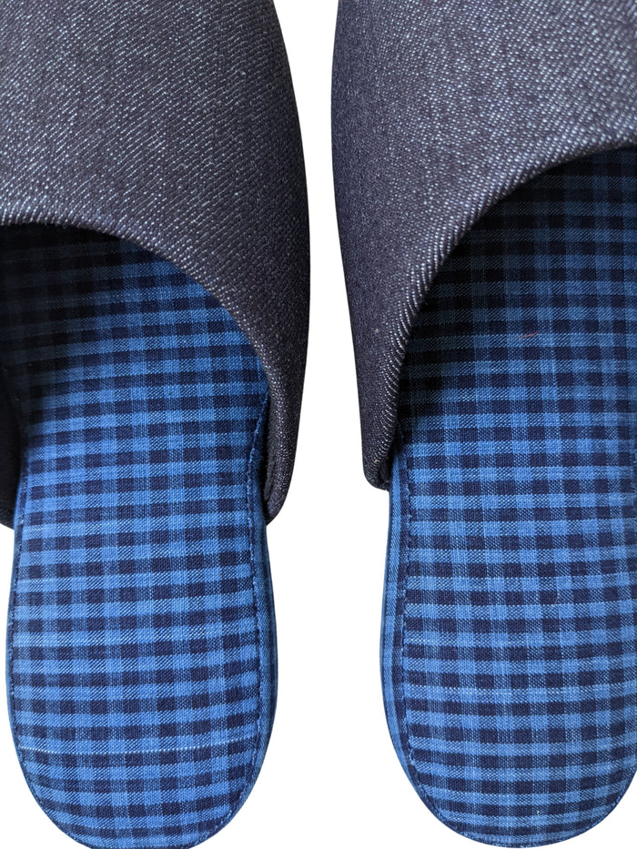 Denim Blue Checkered Plaid Mix Slippers [Black wool felt sole] 2 size Large / XL - Heiwa Slipper
