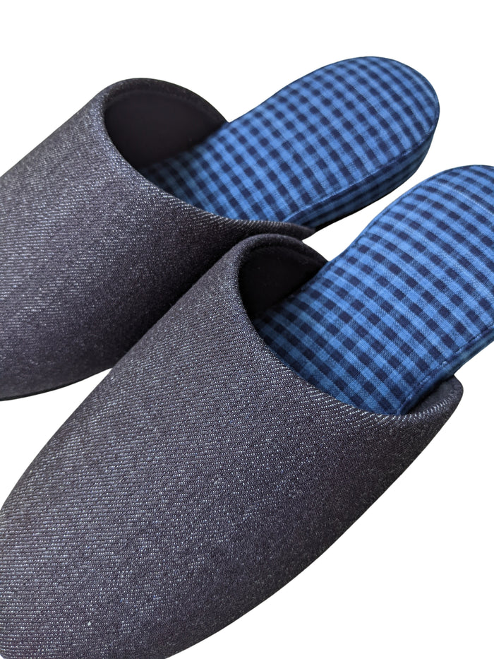 Denim Blue Checkered Plaid Mix Slippers [Black wool felt sole] 2 size Large / XL - Heiwa Slipper