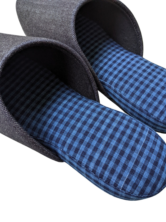 Denim Blue Checkered Plaid Mix Slippers [Black wool felt sole] 2 size Large / XL - Heiwa Slipper