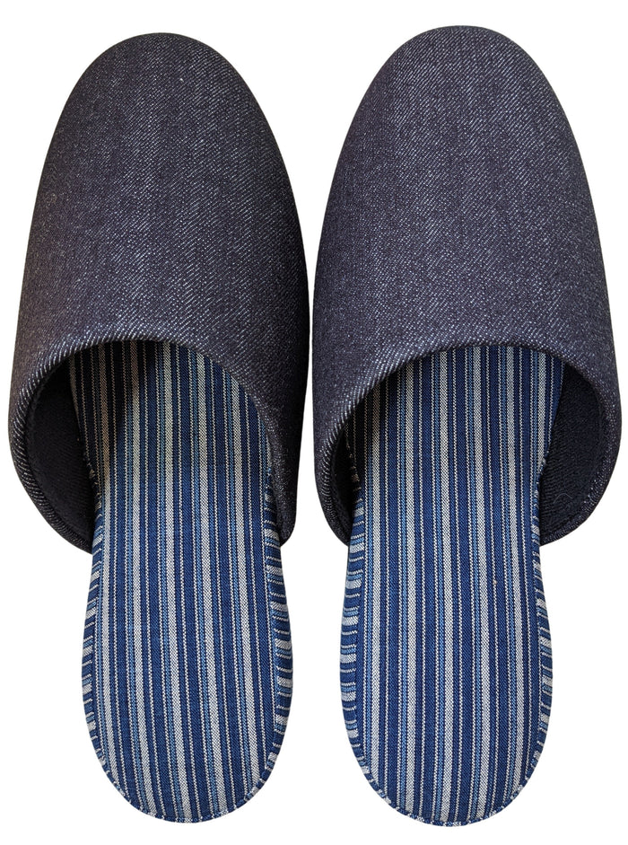 Denim Stripe Mix Slippers [Black wool felt sole] (Japan Blue Stripe B) 3 size Medium / Large / XL - Heiwa Slipper