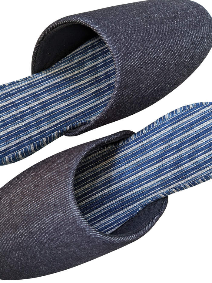 Denim Stripe Mix Slippers [Black wool felt sole] (Japan Blue Stripe B) 3 size Medium / Large / XL - Heiwa Slipper