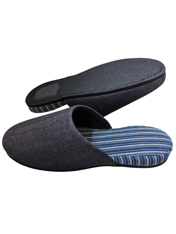Denim Stripe Mix Slippers [Black wool felt sole] (Japan Blue Stripe B) 3 size Medium / Large / XL - Heiwa Slipper