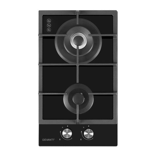 Devanti Gas Cooktop 30cm Gas Stove Cooker 2 Burner Cook Top Konbs NG LPG Black - Devanti