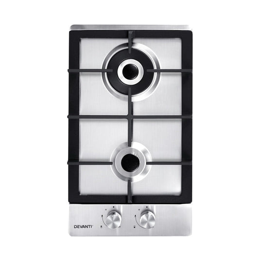 Devanti Gas Cooktop 30cm Gas Stove Cooker 2 Burner Cook Top Konbs NG LPG Steel - Devanti