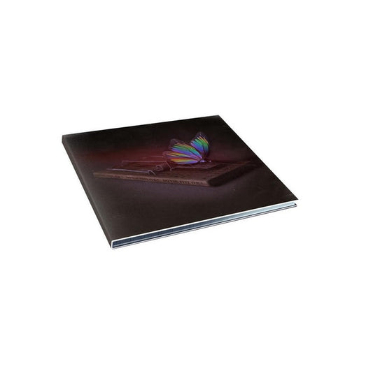 Black square CD with a mouse trap drawn in the middle. On top of the mouse trap is a rainbow colored butterfly.