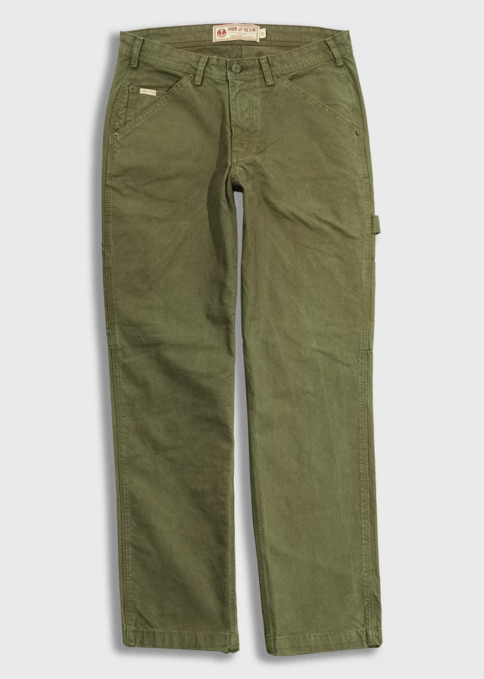 Olive green Iron and Resin work pants with belt loops, front pockets, and a side utility loop, laid flat on a white background.
