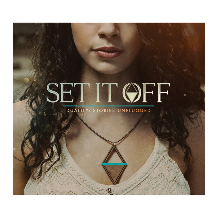 A woman with curly hair wears a white crocheted top and a geometric pendant necklace. Overlaid text reads "SET IT OFF" (Brand: Set It Off) and "DUALITY: STORIES UNPLUGGED Acoustic EP.