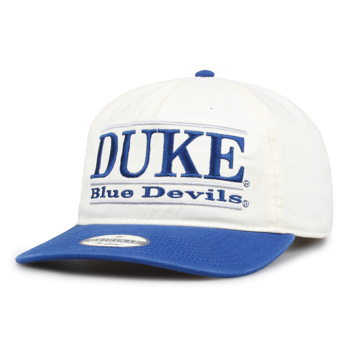 Duke Original Bar snapback hat showing embroidered front design and curved brim, angled view