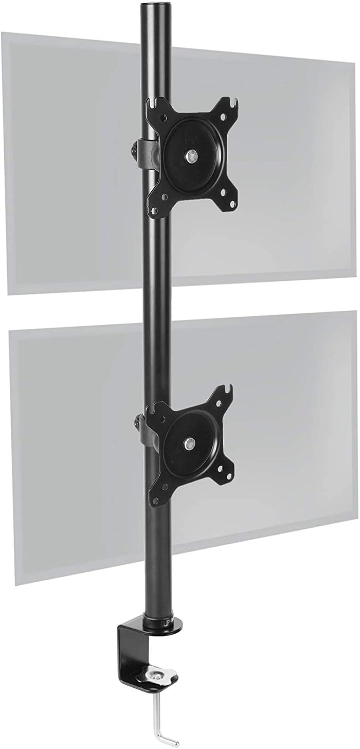 Duronic Dual Monitor Stand with adjustable VESA plates and heavy-duty steel C-clamp base.