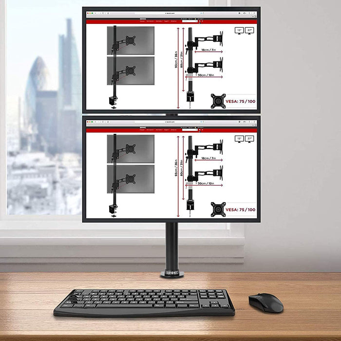 Duronic Dual Monitor Stand holding two screens stacked, with a black keyboard and mouse.