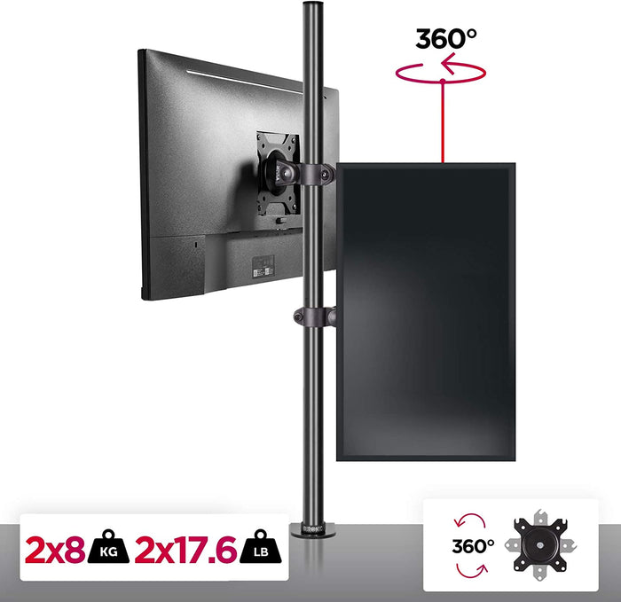 Duronic Dual Monitor Stand holding two screens on a vertical pole with 360-degree rotation capabilities.