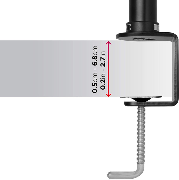 Duronic Dual Monitor Stand for desk mounting, supporting surface thicknesses from 0.5cm to 6.8cm (0.2in - 2.7in).