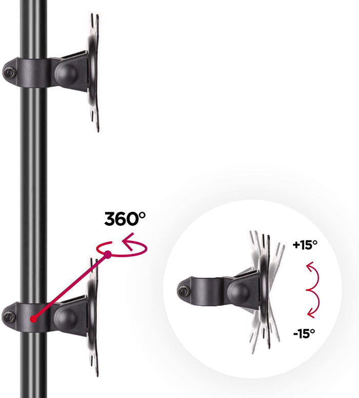 Duronic Dual Monitor Stand with 360-degree rotation and 15-degree tilt for adjustable screen viewing angles.