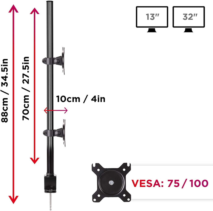 Duronic Dual Monitor Stand with extra-tall 34.5-inch pole, VESA 75/100 compatibility, and adjustable height.