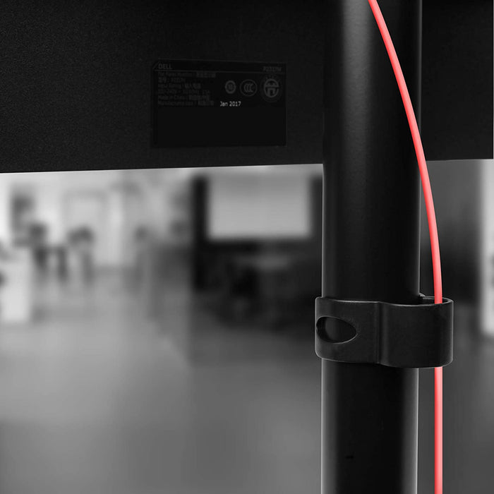 Duronic Dual Monitor Stand with a cable management clip with a red wire.