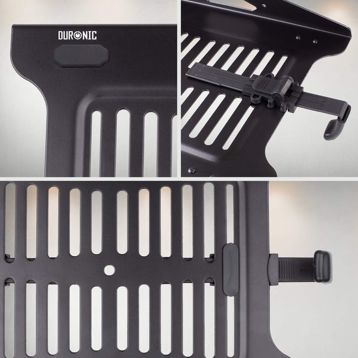 Duronic Laptop Attachment Stand featuring adjustable security clamps and ventilation slots for cooling.