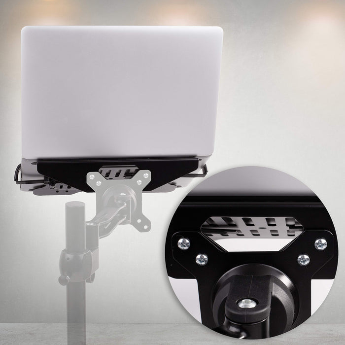 Duronic Laptop Attachment Stand connected to an adjustable silver monitor arm for ergonomic setups.