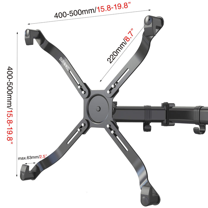 Duronic NON VESA Monitor Adapter with adjustable X-shaped arms showing technical dimensions for height and width.