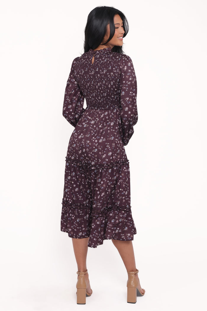 Petal and Pup USA DRESSES Edwina Shirred Frill Long Sleeve Midi Dress - Plum Floral