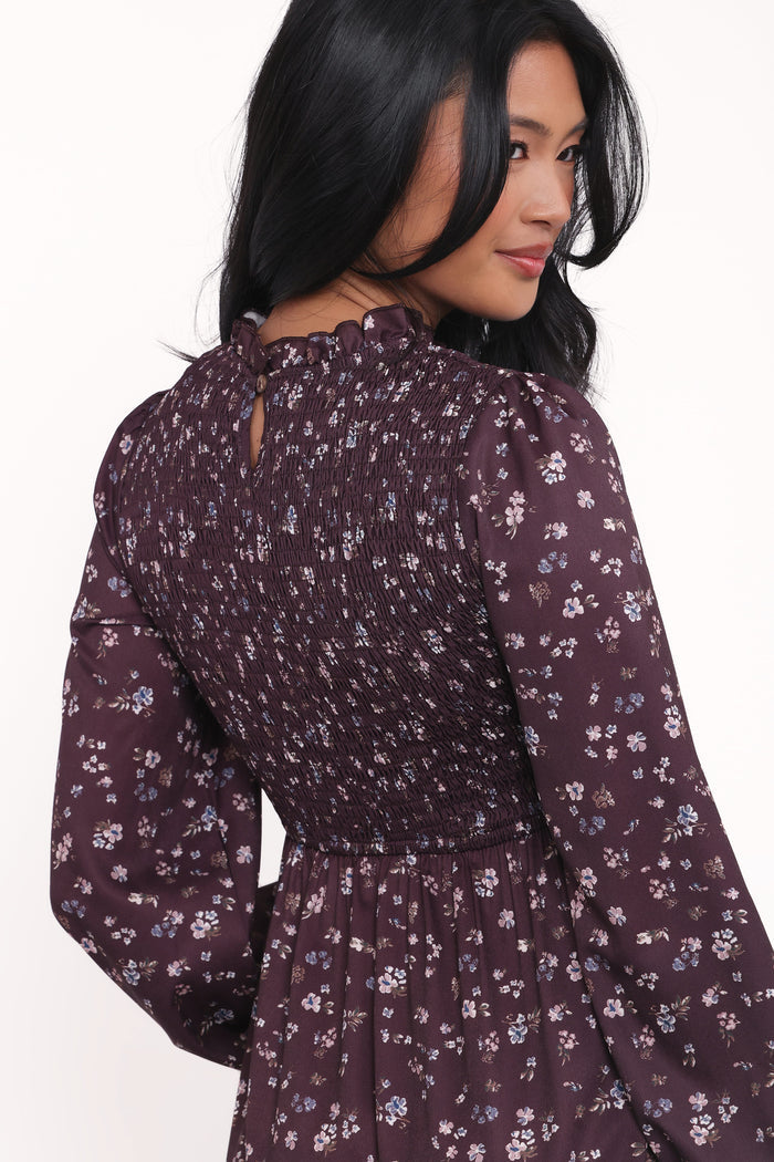 Petal and Pup USA DRESSES Edwina Shirred Frill Long Sleeve Midi Dress - Plum Floral