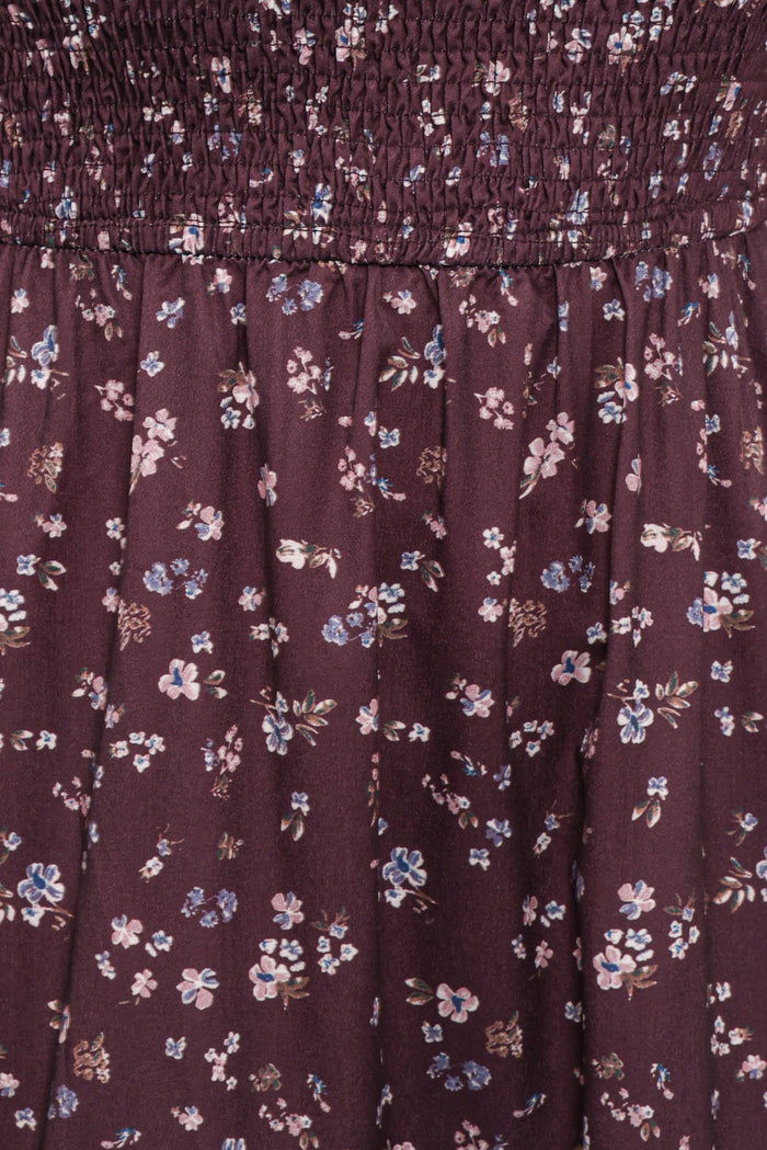Petal and Pup USA DRESSES Edwina Shirred Frill Long Sleeve Midi Dress - Plum Floral