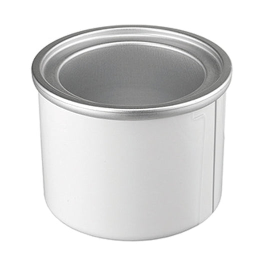 Der Unold Eisbehälter/Gefrierakku für EISMASCHINE Softi 48860 ist eine schlichte, weiße, zylindrische Metalldose mit silbernem Rand an der offenen Oberseite, die vor einem weißen Hintergrund präsentiert wird.