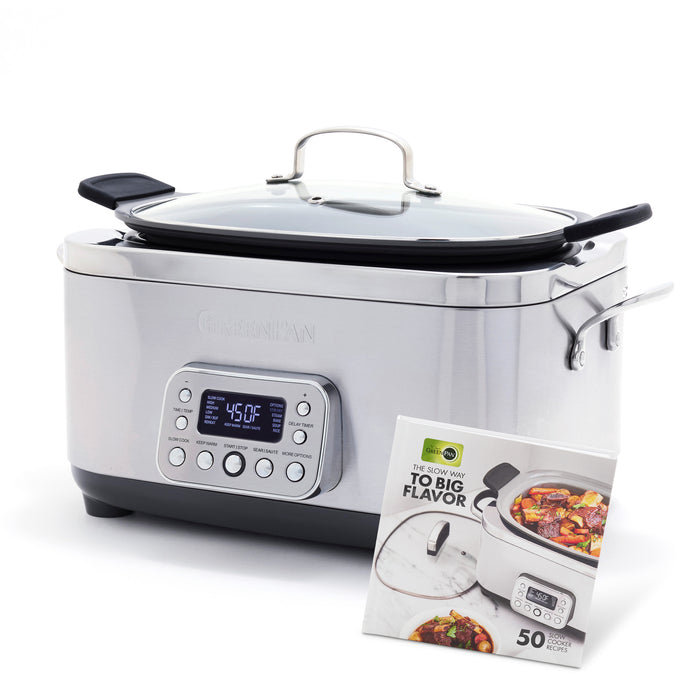 The Elite 14-in-1 6-Quart Slow Cooker | Premiere Stainless Steel features a digital display, easy presets, control buttons, glass lid, and includes a recipe booklet with delicious dishes and the cooker pictured on the cover.