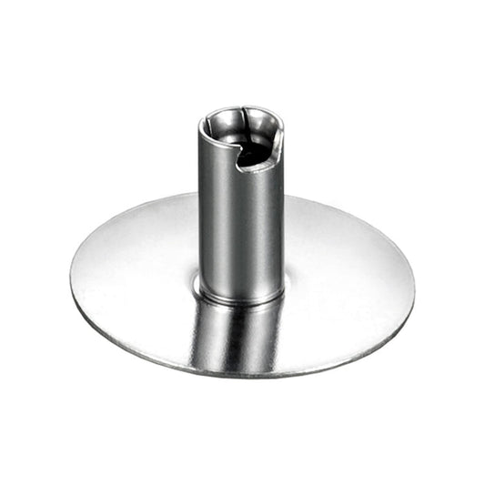 Die Schlagscheibe von ESGE-Zauberstab ist eine Metallscheibe mit einem zentralen zylindrischen Rohr und einer Kerbe, die wahrscheinlich als Aufsatz oder Klinge dient. Sie verfügt über eine glatte, glänzende Oberfläche.
