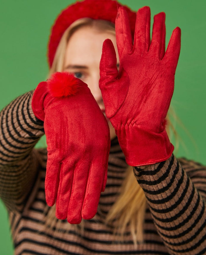 Faux Suede Gloves With Faux Fur Pom