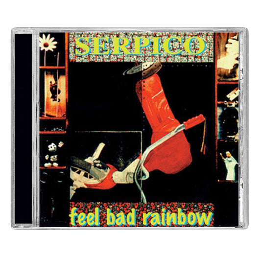Serpico CD cover for feel bad rainbow features a red boot and scattered objects against a vibrant, patterned floral background—capturing pop-punk comic-book store anthem energy.