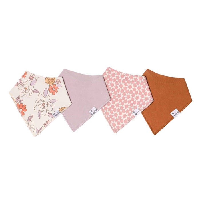 Copper Pearl Ferra 4-pack baby bandana bib set featuring floral and solid blush, lavender, and rust designs with absorbent cotton fronts and soft fleece backing.