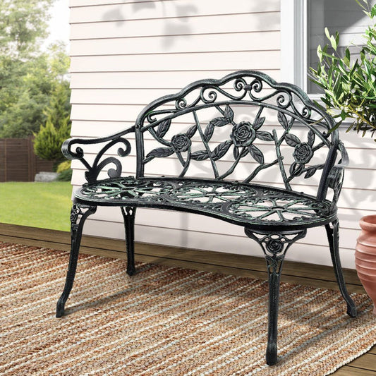 Gardeon Outdoor Garden Bench Seat 100cm Cast Aluminium Patio Chair Vintage Green -Home Living Store - -