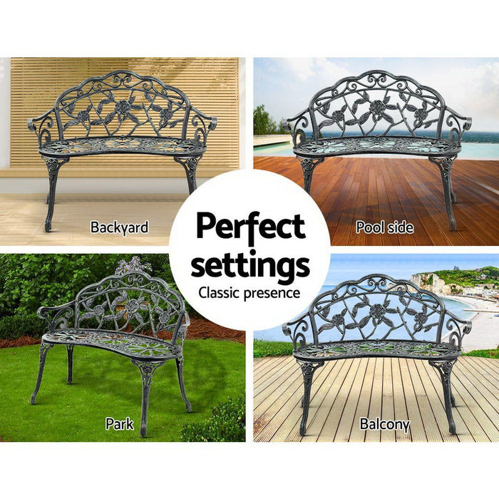 Gardeon Outdoor Garden Bench Seat 100cm Cast Aluminium Patio Chair Vintage Green -Home Living Store - -