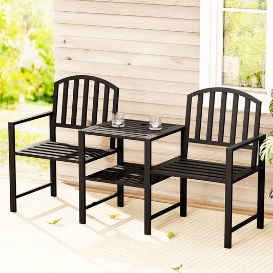 Gardeon Outdoor Garden Bench Seat Loveseat Steel Table Chairs Patio Furniture Black -Home Living Store - -