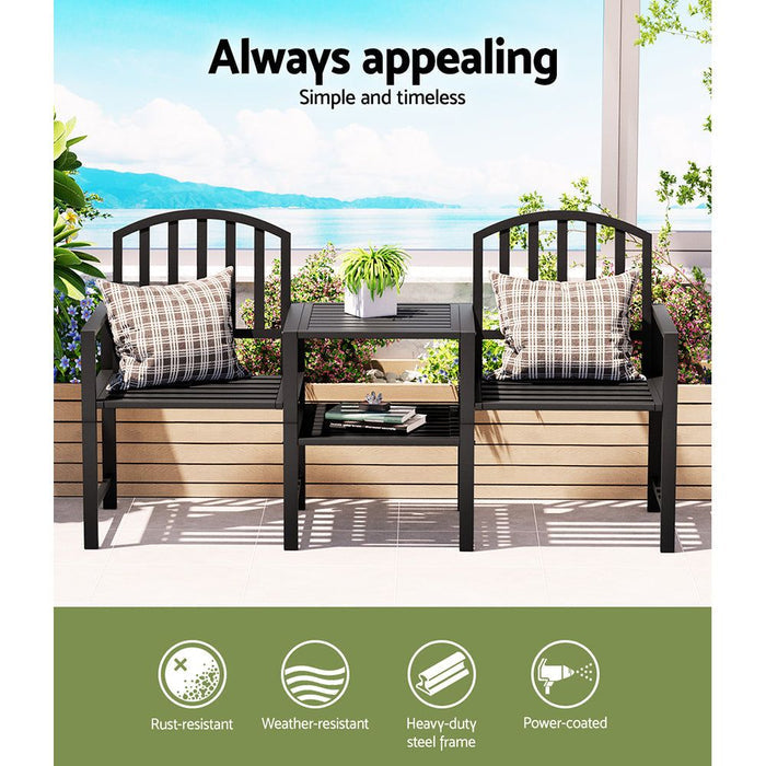 Gardeon Outdoor Garden Bench Seat Loveseat Steel Table Chairs Patio Furniture Black -Home Living Store - -