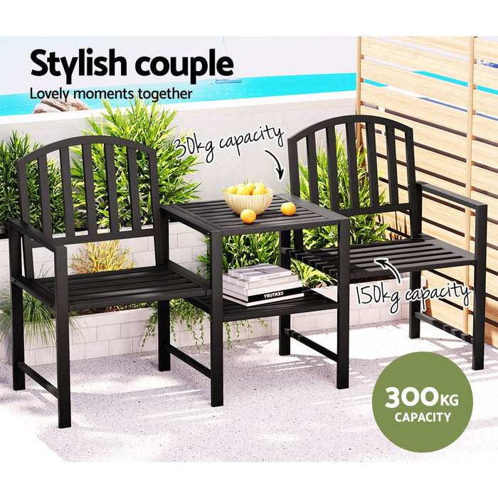 Gardeon Outdoor Garden Bench Seat Loveseat Steel Table Chairs Patio Furniture Black -Home Living Store - -