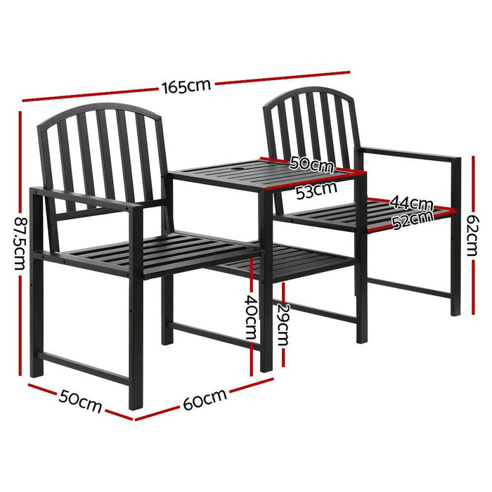 Gardeon Outdoor Garden Bench Seat Loveseat Steel Table Chairs Patio Furniture Black -Home Living Store - -