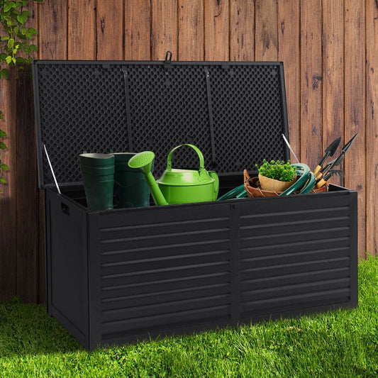 Gardeon Outdoor Storage Box 390L Container Lockable Garden Bench Shed Tools Toy All Black -Home Living Store - -