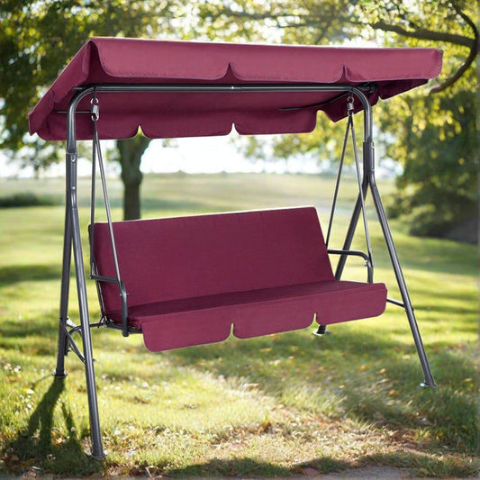 Gardeon Outdoor Swing Chair Garden Bench Furniture Canopy 3 Seater Wine Red -Home Living Store - -