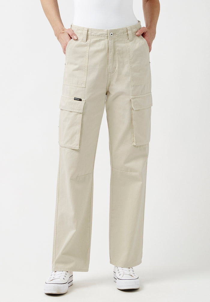 Buffalo Women Pants Beige Woven Casual Pants Garment Dyed Finish Easy-Care Styling