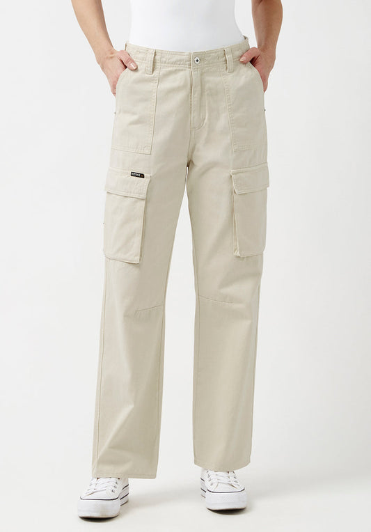 Buffalo Women Pants Beige Woven Casual Pants Garment Dyed Finish Easy-Care Styling