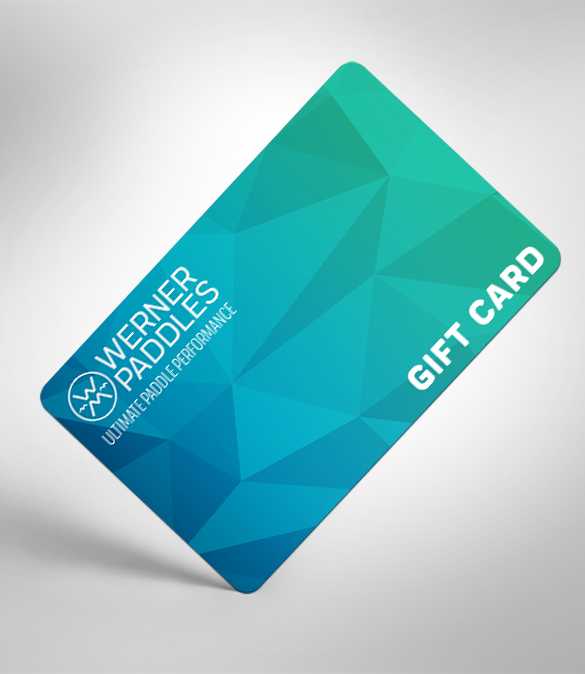 A plastic gift card with geometric blue and green patterns, displaying the text 'GIFT CARD' and the 'Werner Paddles' logo.