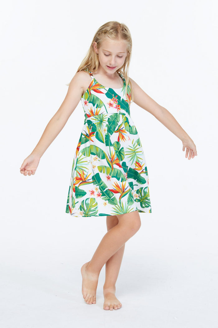 Girl Classic Empire Dress with Elastic Strap in Bird of Paradise