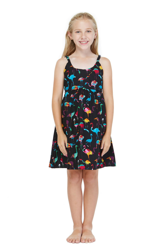 Girl Classic Empire Dress with Elastic Strap in Flamingo Party Black