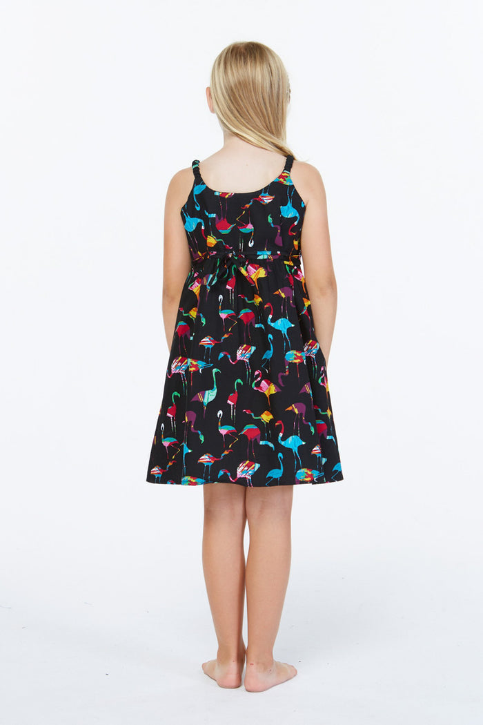 Girl Classic Empire Dress with Elastic Strap in Flamingo Party Black